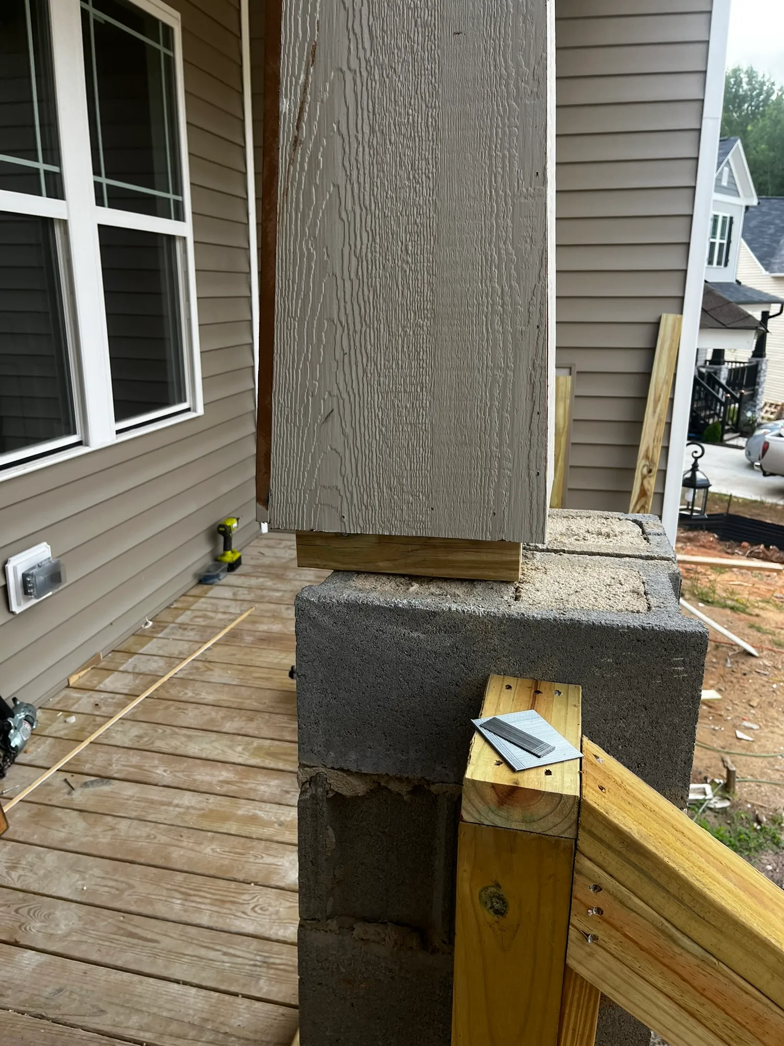 Second angle of off-center porch column on CMU pier